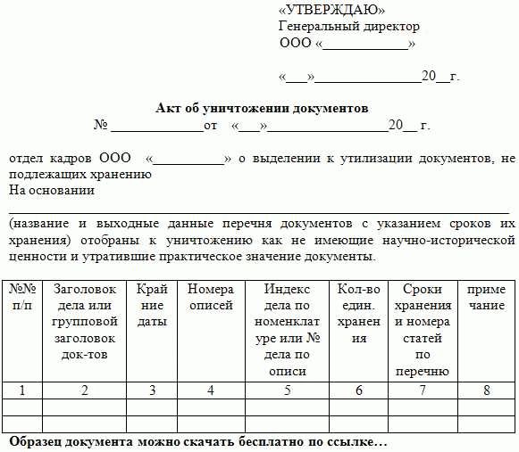 Образец акт списания документов на уничтожение